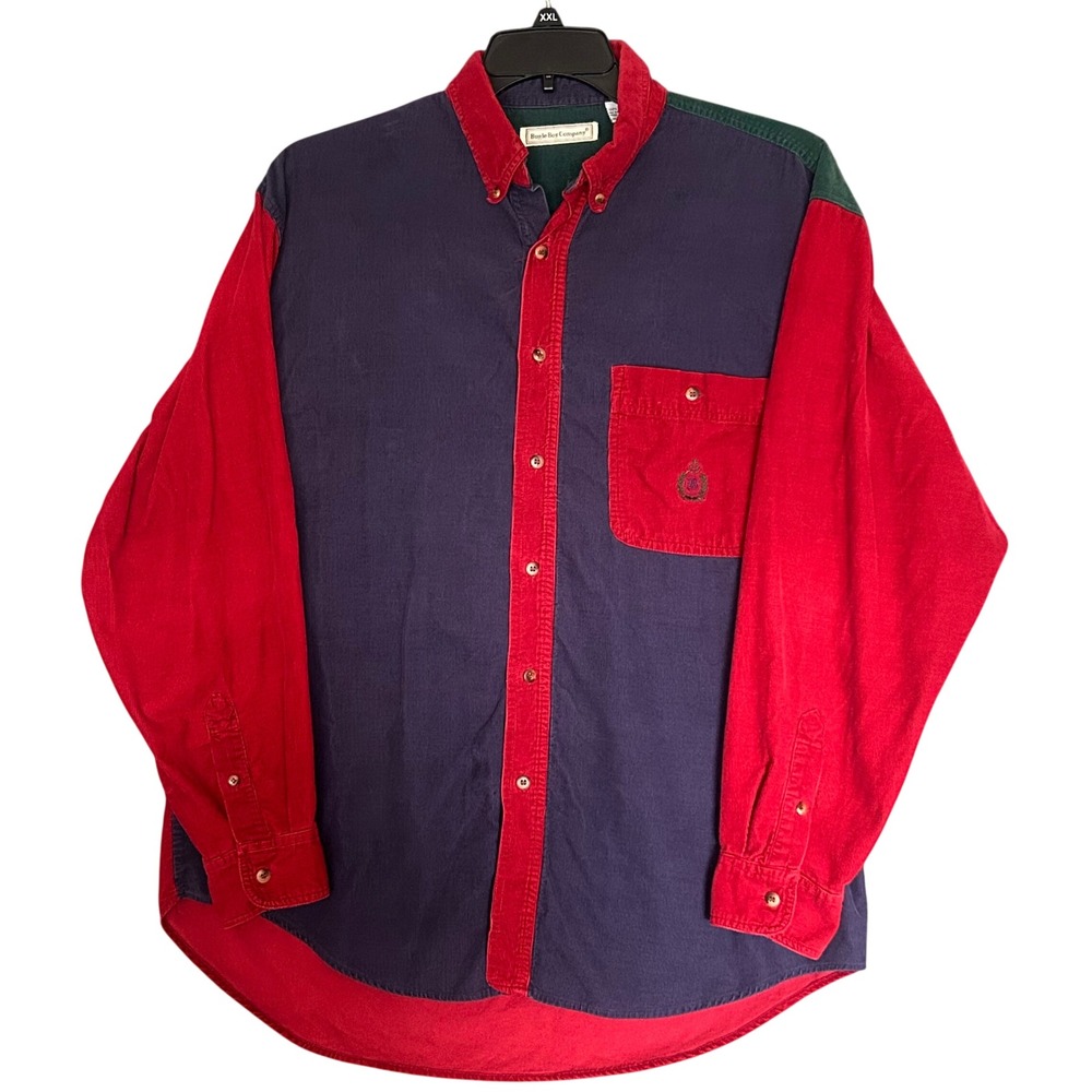 Bugle Boy Company Mens Colorblock Corduroy Button Down Shirt LRG Red Navy Green